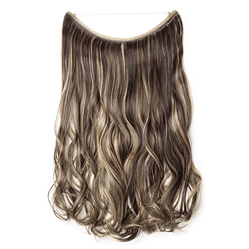 50cm Extensiones de Cabello de Hilo Invisible [Marrón Oscuro mezcla Rubio Ceniza] Pelo Sintético Rizado (90g)