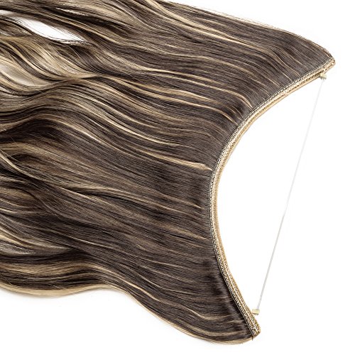 50cm Extensiones de Cabello de Hilo Invisible [Marrón Oscuro mezcla Rubio Ceniza] Pelo Sintético Rizado (90g)