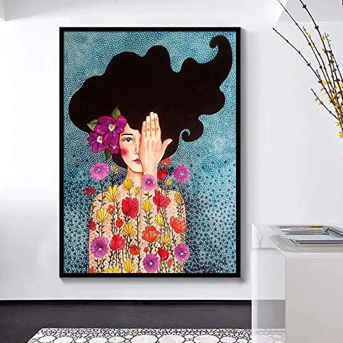 Abstract Flowers Girl Hair Wall Art Canvas Painting Bird Nordic Poster Living Room Retro Picture Frame 30X40cm NoFrame