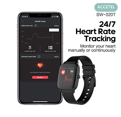Accetel SW-020T Reloj Inteligente con Termómetro Corporal Podómetro Frecuencia Cardíaca Notificación Cronómetro (Negro)