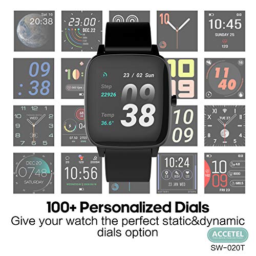 Accetel SW-020T Reloj Inteligente con Termómetro Corporal Podómetro Frecuencia Cardíaca Notificación Cronómetro (Negro)