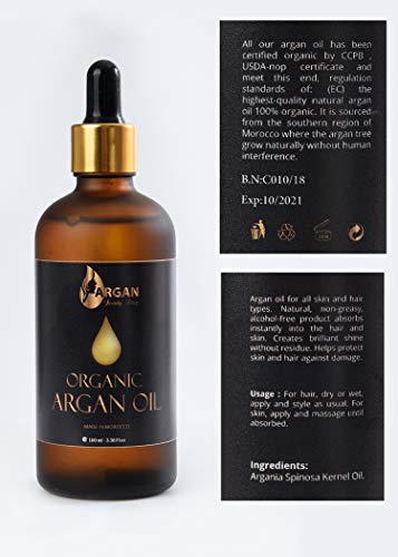 Aceite de argán de oro puro 100 ml / Triple filtrado y purificado / Prensado en frío y orgánico / El aceite de argán marroquí más fino y puro para cabello / cara / cuerpo y uñas