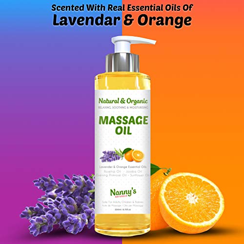 Aceite Para Masaje Natural y Orgánico | Aceites Esenciales de Lavanda y Naranja | Relajante e Hidratante Para Adultos, Niños y Bebés | 250ml