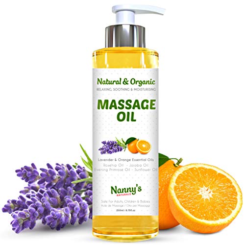 Aceite Para Masaje Natural y Orgánico | Aceites Esenciales de Lavanda y Naranja | Relajante e Hidratante Para Adultos, Niños y Bebés | 250ml