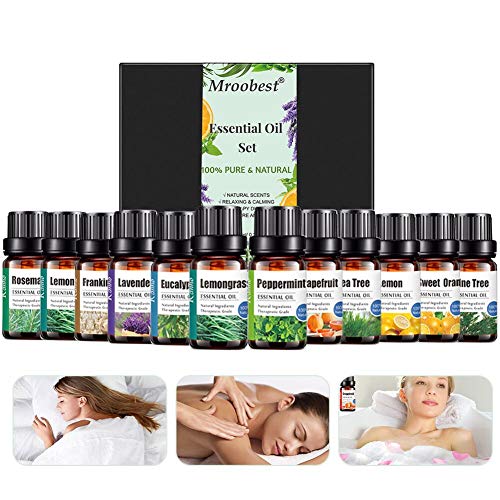 Aceites Esenciales, Essential Oils Set, 100% Natural Puro Aromaterapia Aceite Aromático, para Humidificador, Difusor Aroma, SPA, Masajes, Relajarse(12 x 10 ml)