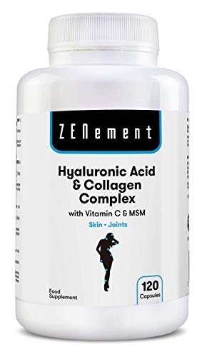 Ácido Hialurónico y Colágeno Complex con MSM y Vitamina C, 120 cápsulas, para combatir los efectos de la edad y tener una piel y articulaciones fuertes y saludables, No GMO, 100% Natural