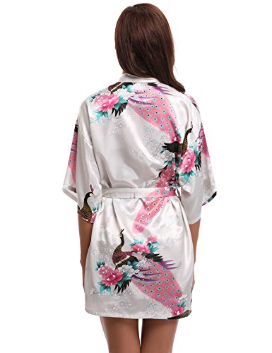 Aibrou Kimono Mujer Novia Bata Corto Sexy y Elegante con Pavo & Flores Pijamas Albornozes Camison Mujer Suave,Cómodo,Sedoso y Agradable