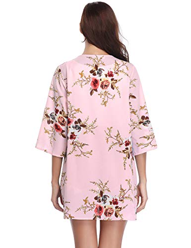 Aibrou Mujer Chal Flojo Cárdigan Kimono Florales, Manga 3/4 Tops Blusa Floral Suelta Casual Boho Style Capas(Rosa Claro L)