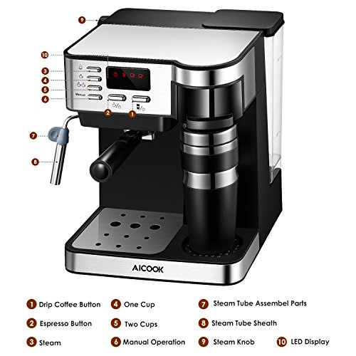 Aicook Cafetera Expresso, 3 en 1 Cafetera de 15 Bares con 700ml Taza de Viaje de Acero Inoxidable, Pantalla LCD, Cafetera para Espresso y Cappuccino, epósito de Agua de1,2 l, Negro