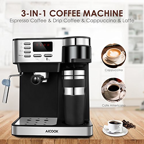 Aicook Cafetera Expresso, 3 en 1 Cafetera de 15 Bares con 700ml Taza de Viaje de Acero Inoxidable, Pantalla LCD, Cafetera para Espresso y Cappuccino, epósito de Agua de1,2 l, Negro