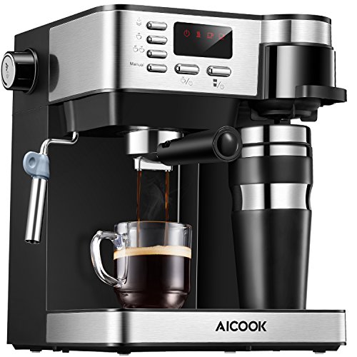 Aicook Cafetera Expresso, 3 en 1 Cafetera de 15 Bares con 700ml Taza de Viaje de Acero Inoxidable, Pantalla LCD, Cafetera para Espresso y Cappuccino, epósito de Agua de1,2 l, Negro