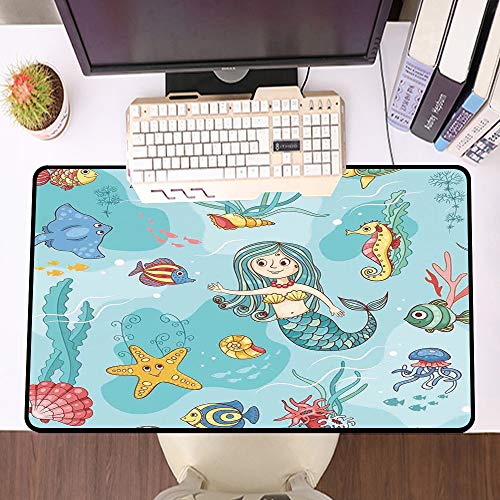 Alfombrilla Raton Grande Gaming Mouse Pad,Decoración de sirena, patrón con sirena, fauna, medusa tropical, pez de colores, vítor,Lavable, Antideslizante Diseñada para Gamers, Trabajo de Oficina