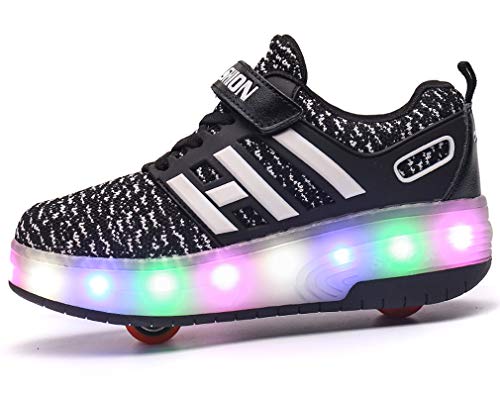 Ali-WD - Zapatos con ruedas y luz, recargables por USB, unisex, de doble rueda, patines con ruedas y suela con luces LED, para niños, chicos y chicas, deportivos, color Negro, talla 37 EU