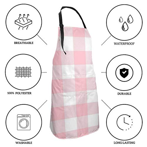 alice-shop Buffalo Plaid en Rosa Claro y Blanco Delantal de Cocina con 2 Bolsillos Delantal de Chef Ajustable para Hornear Jardinería Restaurante BBQ