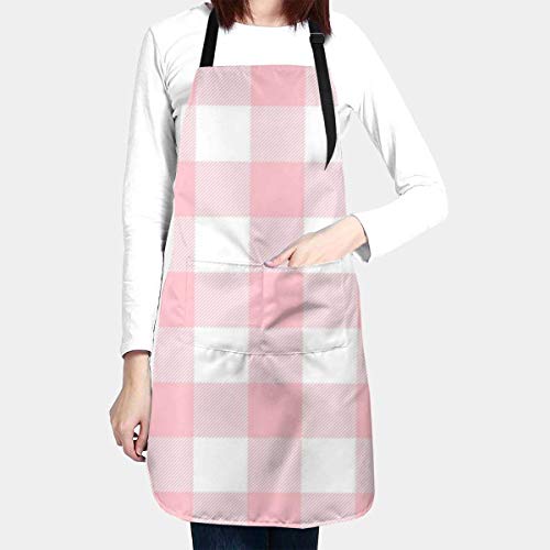 alice-shop Buffalo Plaid en Rosa Claro y Blanco Delantal de Cocina con 2 Bolsillos Delantal de Chef Ajustable para Hornear Jardinería Restaurante BBQ