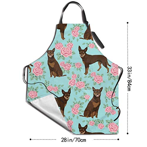 alice-shop Perro Kelpie Australiano Rojo y Tostado Diseño Kelpie Rosas Azul Claro Delantal de Cocina con 2 Bolsillos Delantal de Chef Ajustable