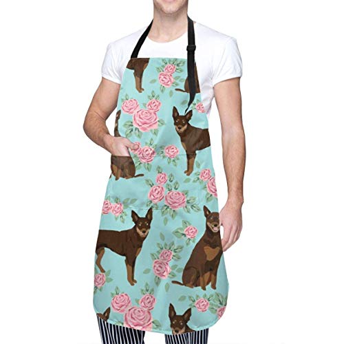 alice-shop Perro Kelpie Australiano Rojo y Tostado Diseño Kelpie Rosas Azul Claro Delantal de Cocina con 2 Bolsillos Delantal de Chef Ajustable