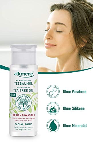 alkmene aceite de árbol de té tónico facial para la piel impura - anti espinillas, manchas y rojeces - limpieza facial vegana sin siliconas, parabenos y aceite mineral en paquete de 3 (3x 150 ml)