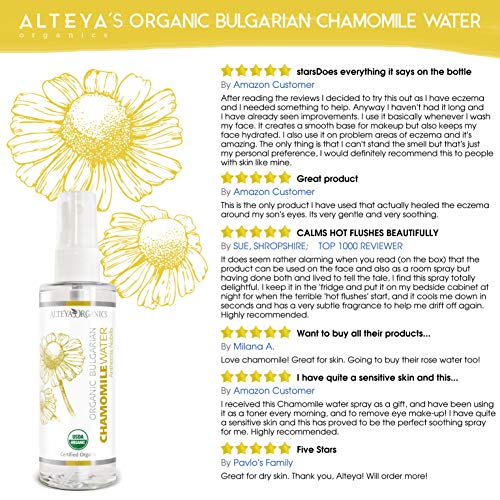 Alteya Organic Agua Floral de Manzanilla 100 ml Spray – Con Certificado USDA de Producto Puro Orgánico, Destilado al Vapor de Frescas flores de Manzanilla (Anthemis Nobilis) cosechadas a mano – Iluminador, hidratante y calmante