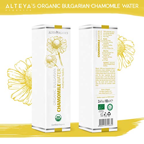 Alteya Organic Agua Floral de Manzanilla 100 ml Spray – Con Certificado USDA de Producto Puro Orgánico, Destilado al Vapor de Frescas flores de Manzanilla (Anthemis Nobilis) cosechadas a mano – Iluminador, hidratante y calmante