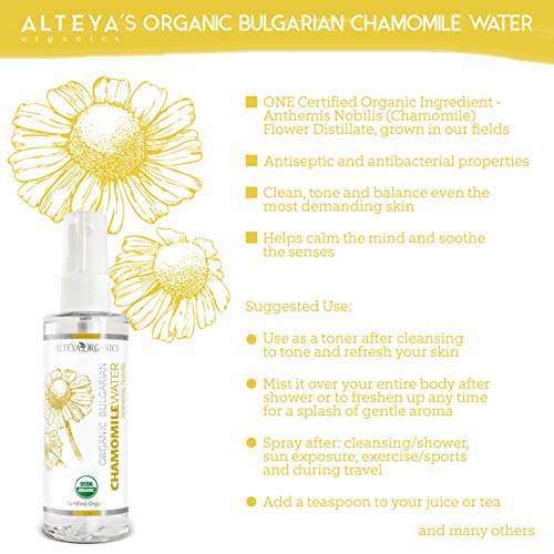 Alteya Organic Agua Floral de Manzanilla 100 ml Spray – Con Certificado USDA de Producto Puro Orgánico, Destilado al Vapor de Frescas flores de Manzanilla (Anthemis Nobilis) cosechadas a mano – Iluminador, hidratante y calmante