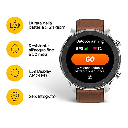 Amazfit GTR 47mm Reloj inteligente Smartwatch Deportivo AMOLED de 1.39", GPS + GLONASS, Frecuencia cardíaca Continua de 24 Horas, Larga duración de batería, 12 Deportes Diferentes, Marrón - Aluminio