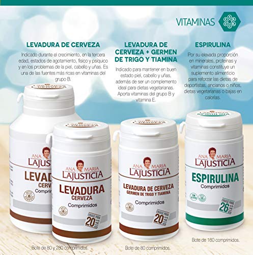 Ana Maria Lajusticia - Levadura de cerveza con germen de trigo y tiamina– 80 comprimidos. Contribuye a mantener un cabello sano, unas uñas fuertes y una piel tersa. Envase para 20 días.