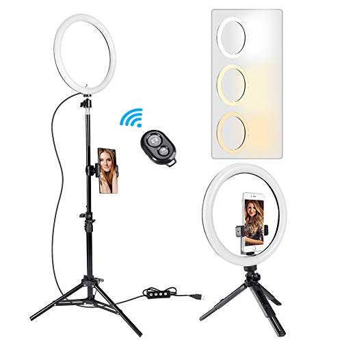 Anillo aro de luz de 10 Inch con 2 trípode, 3 colores de luz y 11 niveles de brillo para selfie, mando a distancia Bluetooth, iluminación para maquillaje, Live Stream, YouTube