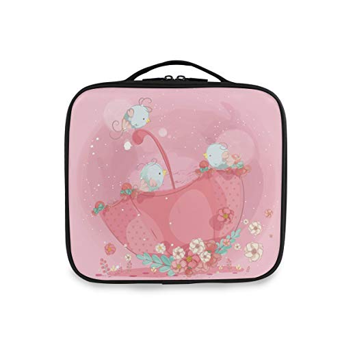 Animales De Pájaros Rosados ​​Infantiles Bolsa de Maquillaje Organizador de Cosméticos Portátil Estuche Mochila con Divisor Ajustable para Mujeres Niñas