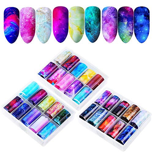 Anyasen 30 rollos Nail Art Foil Nail Art Foil Sticker Holográfico Nail Stickers Tips Wraps Transfer Decals Foil Transfer Sticker Glitters Kit de decoración para manicura Acrílico DIY Decoración 4cm