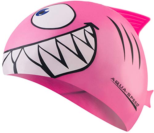 Aqua Speed - Shark Niños Gorro de baño | Tiburón | 100% Silicona, Model:Shark/Pink 03