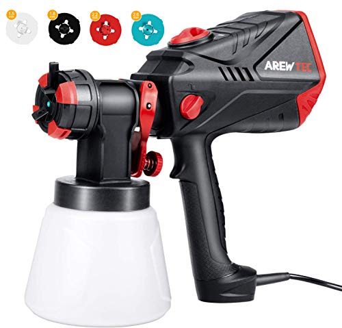 AREWTEC Pistola de Pintura, Alta Potencia de 600W con Flujo Máximo de 1200ml/min, HVLP Pistola de Pintar con Recipiente de 1000ml, 4 Boquillas para la Pulverización y Limpieza del Bricolaje, SGT10A