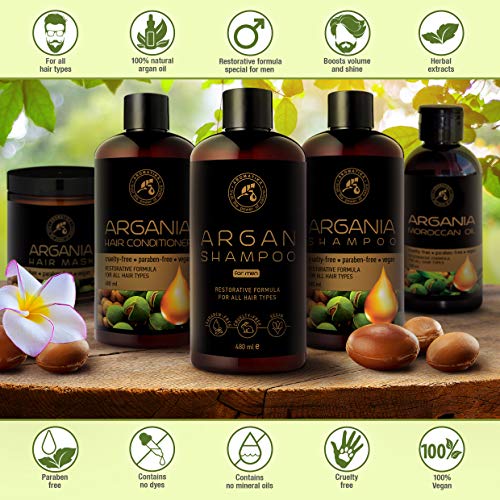 Argan Oil Champu para Hombres 480ml - Shampoo con Aceite de Argán Natural y Extractos de Hierbas - para Todo Tipo de Cabello - Fórmula Reparadora Especial para Hombres - Cuidado del Cabello