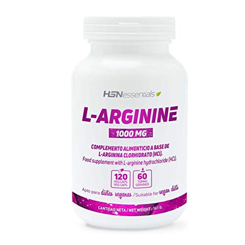 Arginina 1000mg de HSN | Óxido Nítrico, Mejora el Rendimiento Deportivo, Vasodilatador, Potencia la Calidad de Relaciones Sexuales | Vegano, Sin Gluten, Sin Lactosa, 120 Cápsulas Vegetales