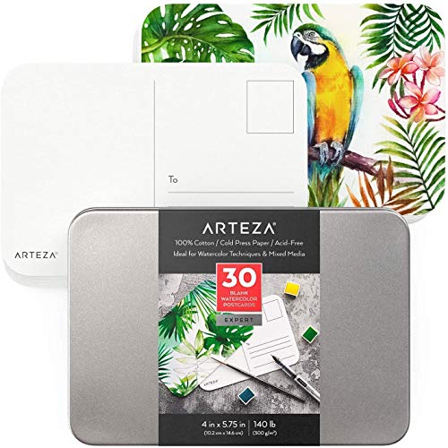 Arteza Tarjetas postales de papel acuarela en blanco, 10 cm x 14,6 cm, caja de 30 postales, papel grueso de 300 gsm, 100% algodón, cartulinas de acuarela para tarjetas de felicitación y agradecimiento