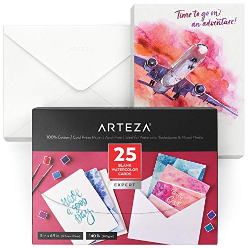 Arteza Tarjetas postales de papel acuarela en blanco con sobres, tamaño 12,7cm x 17,4 cm, 25 postales de 300 gsm, 100% algodón, cartulinas de acuarela para tarjetas de felicitación y agradecimiento