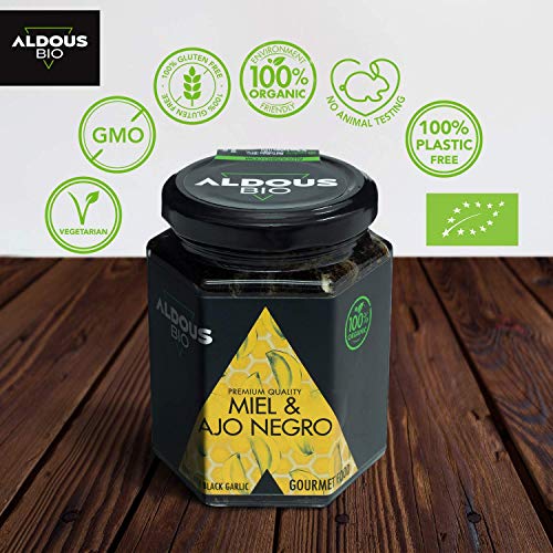 Auténtica Miel Ecológica con Ajo Negro ecológico | Producto Gourmet de Calidad Premium | 100% Natural y Artesanal | Sin Azúcar Añadido | Producida en España | Certificación ecológica oficial | 240g