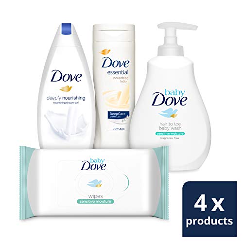 Baby Dove, juego hidratante ligero hidratante sensible, toallitas para bebés, baños y mamás, suave, suave y amable a la piel, vitalización diaria para el cuidado y la piel sana