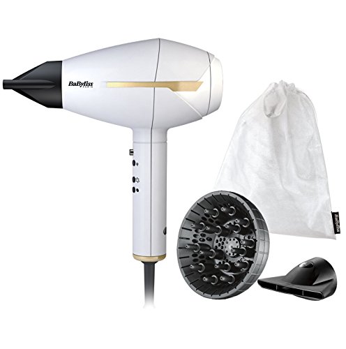 BaByliss 6735E Edición Especial White&Gold Secador de pelo profesional, difusor y 2 concentradores, motor AC, 2400 W, iónico, 6 ajustes de velocidad/temperatura, aire frío, Color Blanco