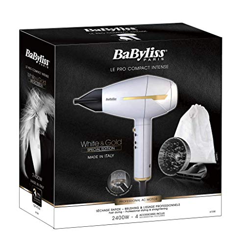 BaByliss 6735E Edición Especial White&Gold Secador de pelo profesional, difusor y 2 concentradores, motor AC, 2400 W, iónico, 6 ajustes de velocidad/temperatura, aire frío, Color Blanco