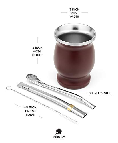 BALIBETOV Set de Mate de Doble Pared de Acero Inoxidable - Alternativa Mate de Calabaza - facil de Limpiar - Incluye 2 Bombillas (sorbetes) para Yerba Mate (Bordo)