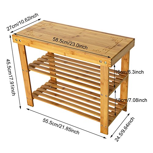 Banco Zapatero de bambú,Estantería para Zapatos con 3 estantes,Ideal para Entrada,Pasillo,baño,Sala de Estar y Pasillo - 58,5 x 27 x 45,5 cm
