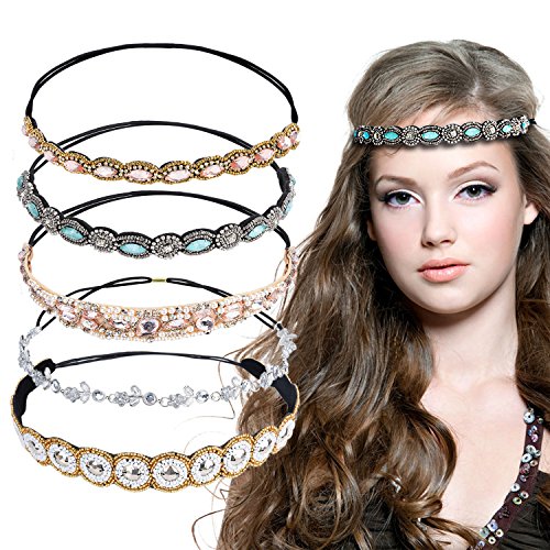 Bandas para la Cabeza Elásticas, Zoylink 5 Piezas aro Diadema Cristal Diamante de Imitación Bandas para el Pelo Accesorios para el Cabello de la Boda para Mujer (Multicolor 1)