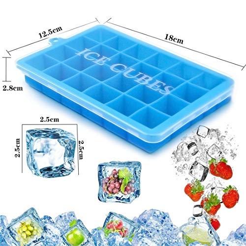 Bandejas para Hielo Silicona con Tapa, Juego de 3 Cubitera hielo con 1 Pinza, Molde Cubo Hielo 2.5 * 2.5 cm, Ice Mold para Congelarse Alimentos para Bebés Agua Cola Cócteles Whisky