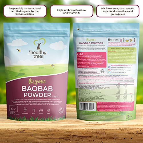 Baobab en Polvo Orgánico de TheHealthyTree Company Para Batidos y Zumos Veganos - Alto en Vitamina C, Fibra y Calcio - Baobab Puro Crudo (250g)