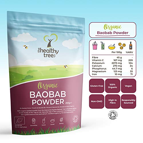 Baobab en Polvo Orgánico de TheHealthyTree Company Para Batidos y Zumos Veganos - Alto en Vitamina C, Fibra y Calcio - Baobab Puro Crudo (250g)