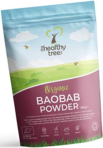 Baobab en Polvo Orgánico de TheHealthyTree Company Para Batidos y Zumos Veganos - Alto en Vitamina C, Fibra y Calcio - Baobab Puro Crudo (250g)