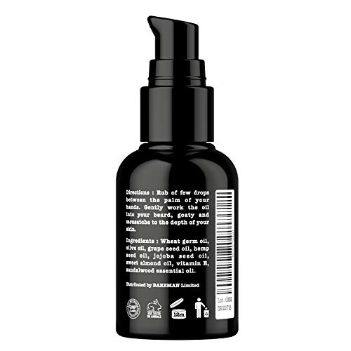 BARBMAN: Aceite para barba natural. Enriquecido con aceite de jojoba y semillas de uva para hidratar y nutrir la piel. Mantenga su barba aportándole brillo y suavidad. Regalo ideal para barbudos