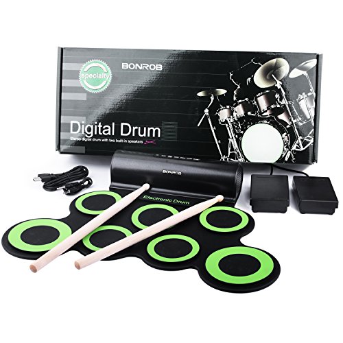 Batería Electrónica, Drum Set, bonrob Roll Up de batería Midi Drum Kit con auriculares y altavoces integrados Drum Pedals y baquetas, hasta 10St. Parte tiempo, regalo de Navidad para niños BM001