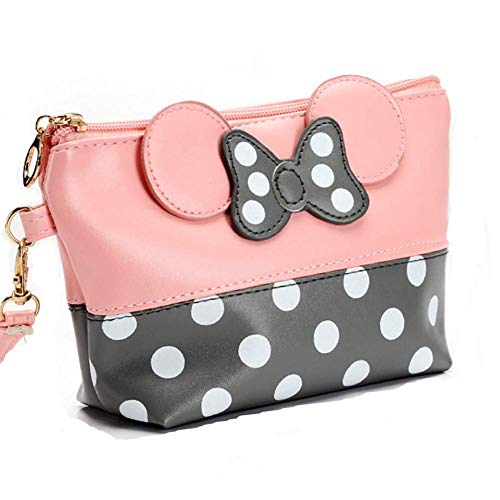 Beito 1PC Cuero Dibujos Animados Orejas de Maquillaje Bolso de Lunares Lindo Bolso cosmético Portable Make up Organizador Viaje Maquillaje Bolso de tocador para Mujeres niñas niños (Rosa)